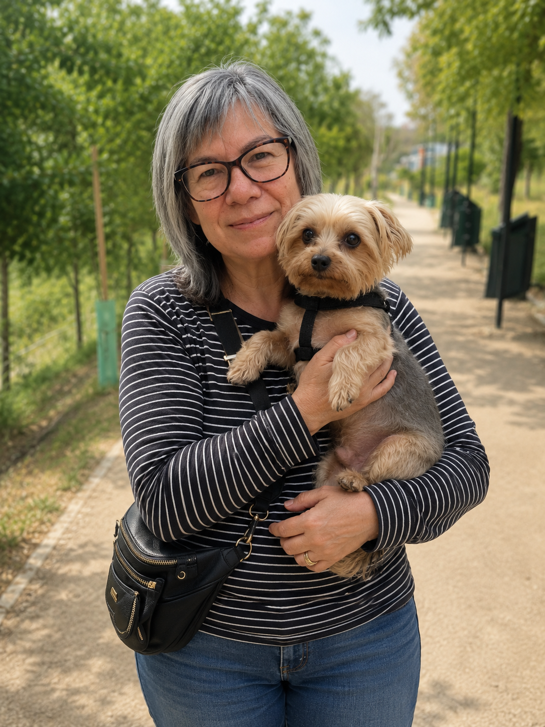 Retrato de Moni, comunicadora animal, sosteniendo con cariño a un gato